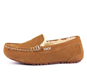Dream Paris Chestnut Suede Sheepskin Loafers 8 Faux Fur Moccasin Slippers NWOT